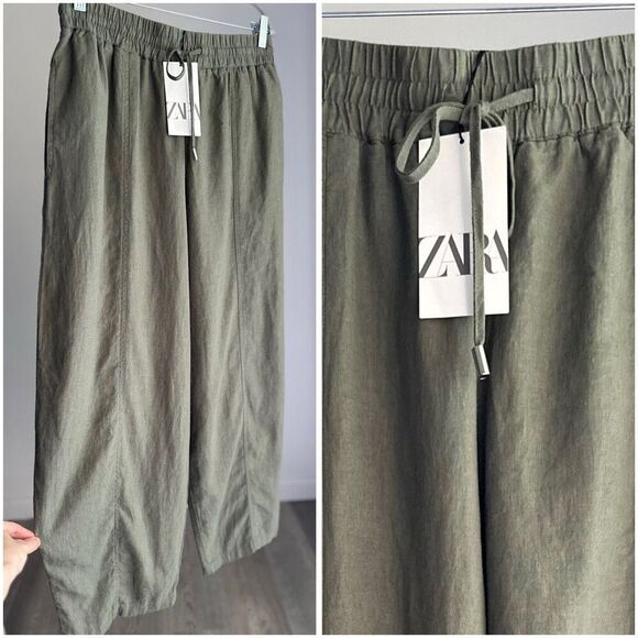 NWT ZARA BARREL LEG LINEN BLEND KNICKERBOCKER PANTS KHAKI GREEN LARGE - Picture 1 of 3